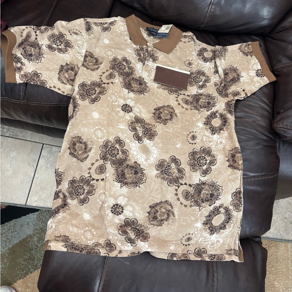 Daniel Cremieux Beige Floral Polo with Brown Trim